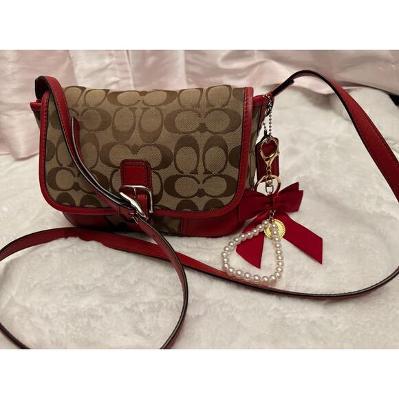 Coach F30601 Signature Jacquard Crossbody – Red Leather Trim - Picture 1 of 11